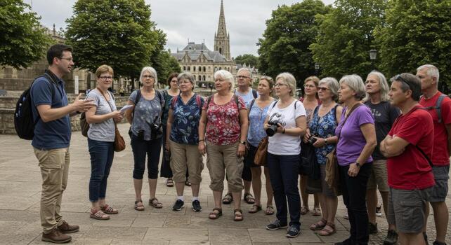 Guided city tour group sightseeing with tour guide exploring historical landmark and architecture travel europe photo