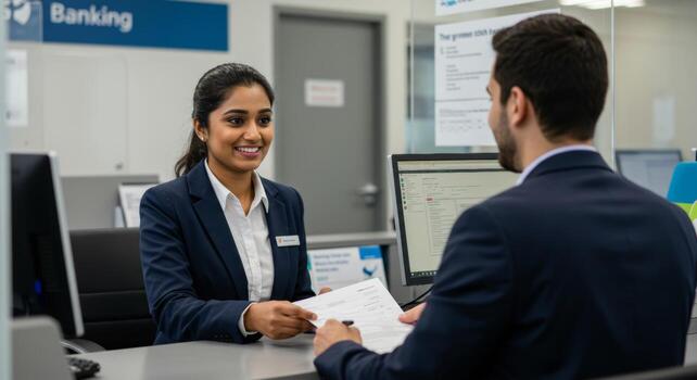 Smiling bank teller providing customer service at bank counter for financial transactions and account management photo