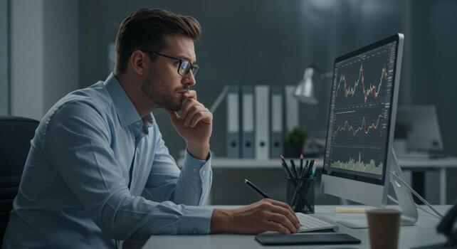How to become a stock trader man analyzing stock market data on computer screen for financial analysis photo