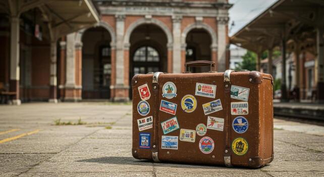 A suitcase with stickers on it sitting on the ground photo