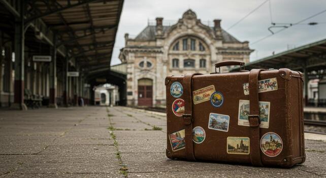 A suitcase sitting on the ground with a bunch of stickers on it photo