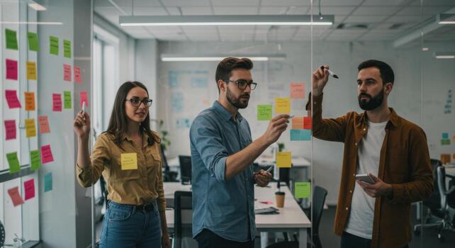 Teamwork collaboration brainstorming business strategy planning with sticky notes in modern office space photo
