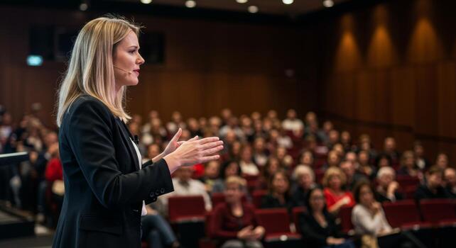 Woman giving a speech presentation at conference event to audience in auditorium for business training photo