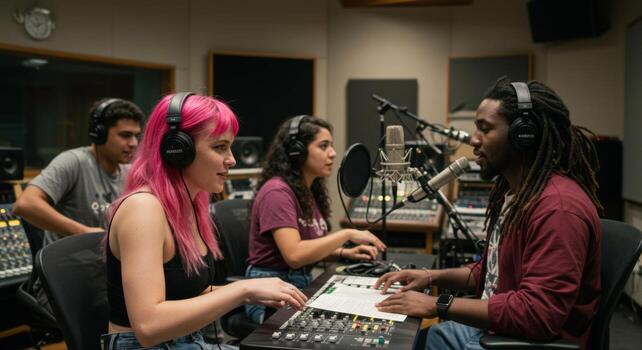 grabación estudio sesión con diverso música artistas colaborando en nuevo álbum proyecto juntos ahora foto