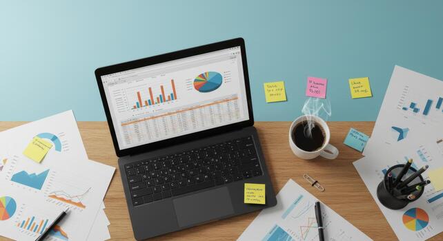 Business analytics report laptop with charts and graphs data analysis and coffee on office desk view one hundred photo