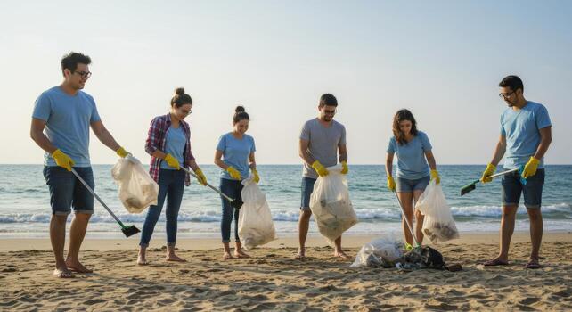 Beach cleanup volunteer event community service for ocean conservation and environmental protection project photo