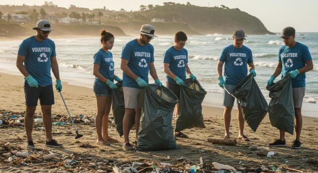 Beach cleanup volunteers picking up trash and plastic waste to protect the ocean environment and ecosystem photo