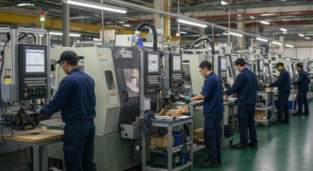 Automated manufacturing process cnc machine operators in factory production line setting area photo