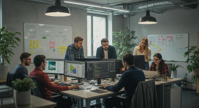 software desarrolladores equipo colaboración reunión en moderno oficina programación código revisión y discusión foto