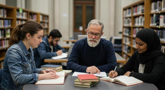 Students studying in library with professor education learning university college diverse group of people photo