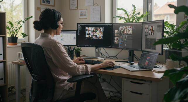 Remote work setup woman using computer for conference call home office desk multiple monitors headphones photo
