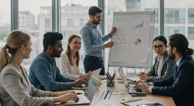 Business meeting presentation discussing data analysis and marketing strategy in office space setting photo