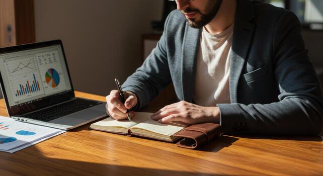 Businessman analyzing charts and graphs on laptop while taking notes in notebook at wooden desk photo