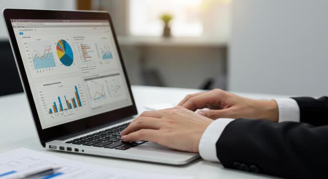 negocio analítica tablero en ordenador portátil pantalla con manos mecanografía para datos análisis y informes foto