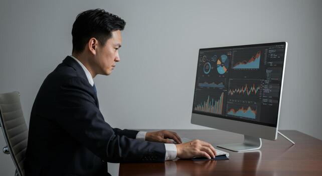 Asian businessman analyzing financial data charts and graphs on computer screen in office setting photo
