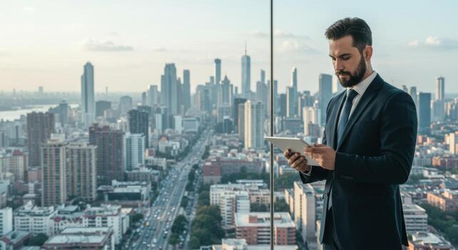 Businessman using tablet in office with city view corporate executive working on technology in skyscraper photo
