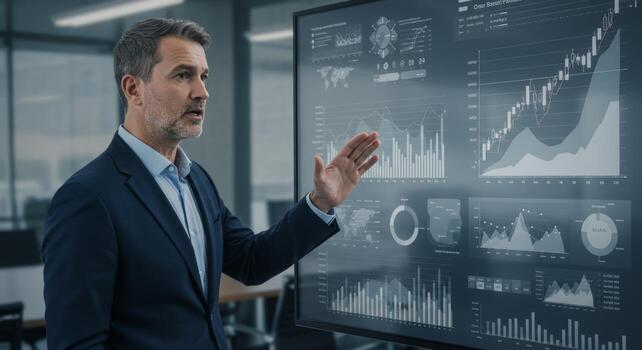 Business presentation of financial data analysis charts and graphs by executive manager in suit photo