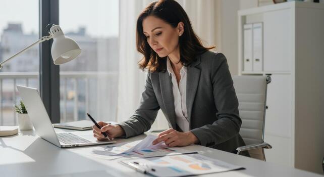 Business woman analyzing data charts in office, working on laptop, financial report review process photo