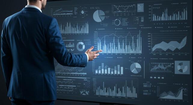 Analyzing business data charts and graphs for financial planning and investment strategy presentation on screen photo