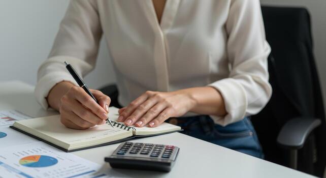 Woman analyzing financial data writing in notebook with calculator for business planning analysis photo