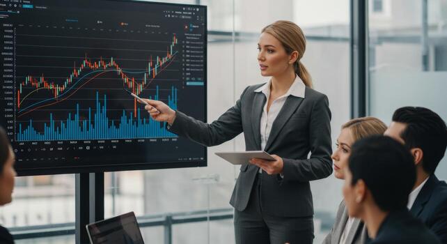 Business woman presenting financial data analysis charts and graphs in a meeting to colleagues photo