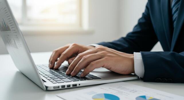 Businessman working on laptop computer typing keyboard analyzing financial data charts report office photo