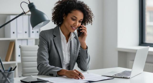 Professional woman working at desk on phone in office business call and laptop computer documents photo