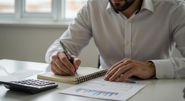 Businessman analyzing financial data writing in notebook with calculator and charts on desk photo