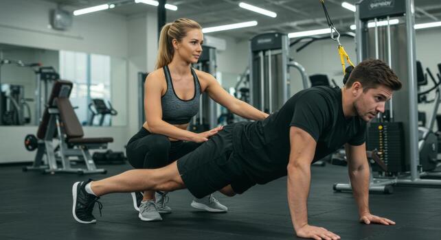 Gym personal trainer helping man with push ups fitness workout strength training and exercise routine guidance photo