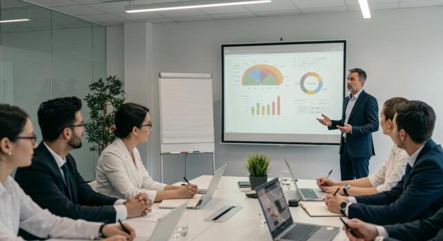Business meeting presentation with charts and graphs in conference room for corporate team update photo