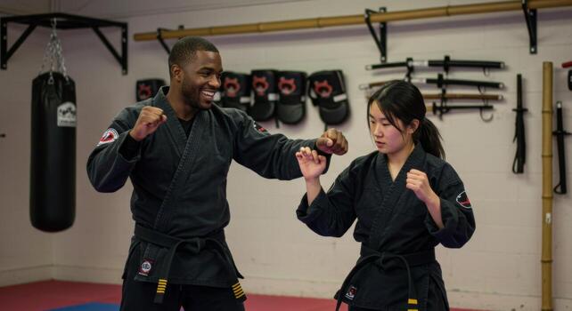 Martial arts training class instructor teaching self defense techniques to student in black uniforms photo