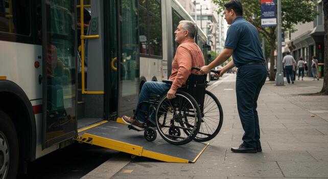 Accessibility bus transport for disabled passengers with wheelchair access and assistance from driver photo