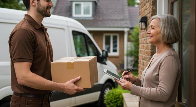Package delivery service happy customer signing for package from delivery man at front door of house photo