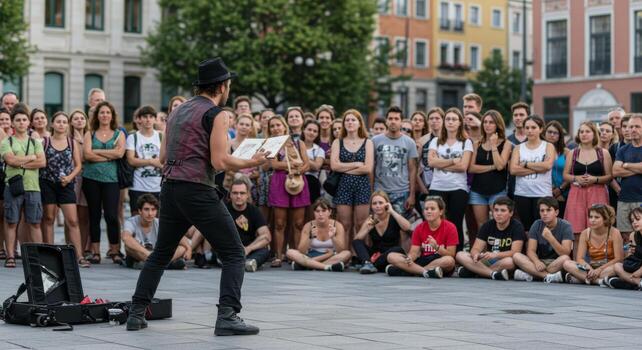 Street performer entertaining crowd with magic show in public square for tourist attraction event photo