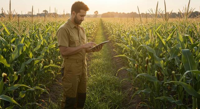 Farmer using tablet in corn field agriculture technology farm management crop monitoring and analysis photo