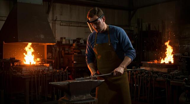 Blacksmith forging metal in workshop with fire and anvil for metalworking and crafting profession photo