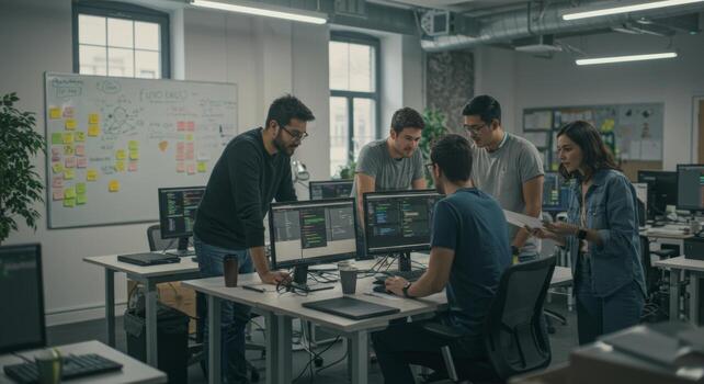 Software development team collaboration coding review meeting agile workspace it company project planning photo