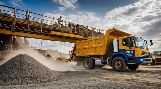 Yellow dump truck loading gravel at a construction site with workers and heavy machinery in the background photo