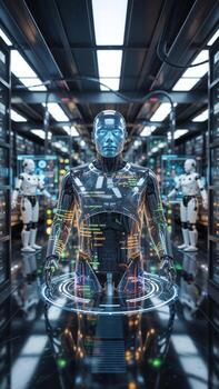 futurista ai robot en servidor habitación datos centrar artificial inteligencia tecnología máquina aprendizaje concepto foto