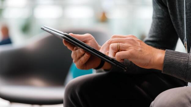 Close up of hands using tablet device for business or personal use in modern office or home setting photo