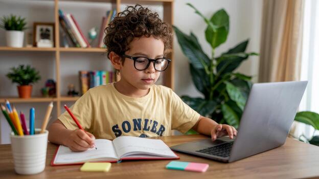 Young boy doing homework online with laptop and notebook for education and learning at home study desk photo