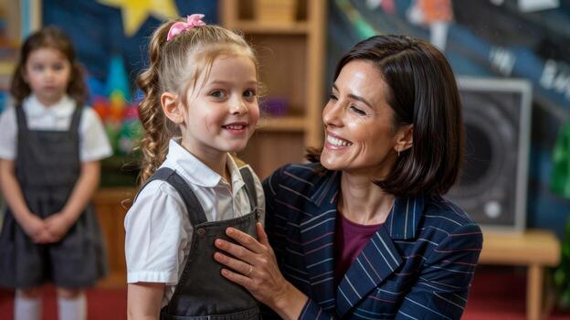 profesor y estudiante sonriente en salón de clases elemental colegio educación aprendizaje y desarrollo temprano infancia foto