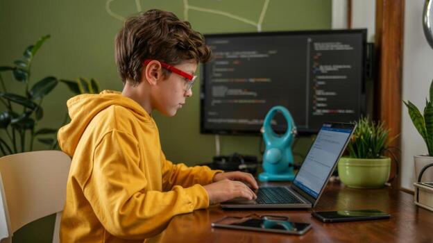 Boy learning coding online at home on laptop computer for kids programming education and development skills photo