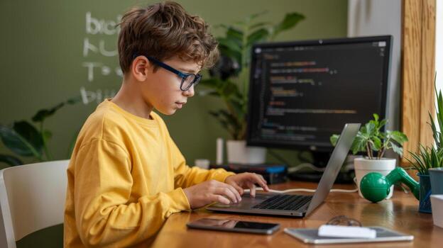 Young programmer coding on laptop computer at home learning software development and technology skills photo