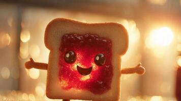 Adorable Jam Toast Character With Arms Outstretched In Warm Light. video
