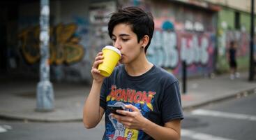 mujer Bebiendo café y utilizando teléfono en ciudad calle con pintada pared urbano estilo de vida valores foto