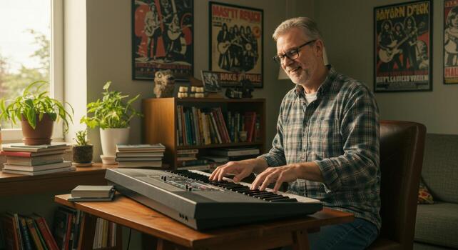 Man playing keyboard at home music hobby musician practicing piano keyboardist music instrument learning songs photo