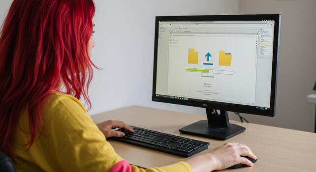 Woman uploading files to cloud storage using computer for data backup and file management online service photo