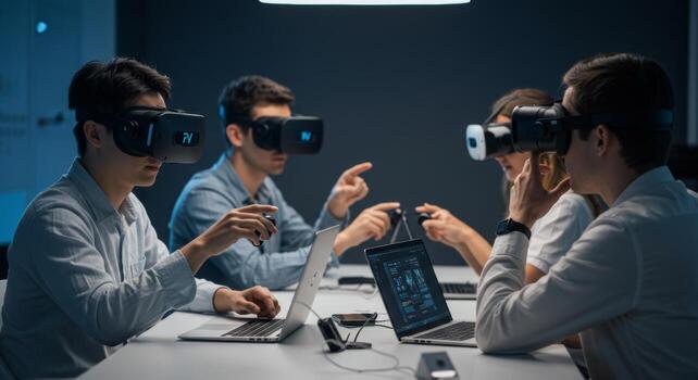 Virtual reality vr team collaboration meeting business technology innovation future workspace teamwork office photo