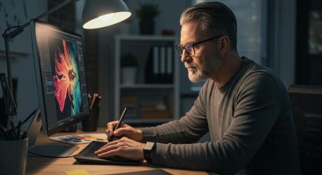 Graphic designer working on computer creative design art using graphic tablet and pen at home office late photo